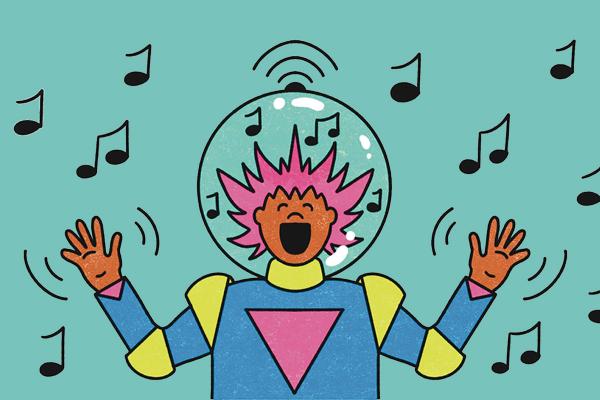 Illustration of a pink-haired person singing inside a bubble around their head