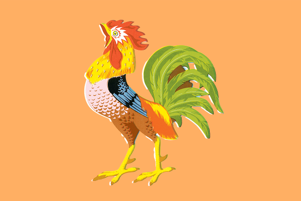 An illustration with an orange background of a vibrantly colored rooster cawing.