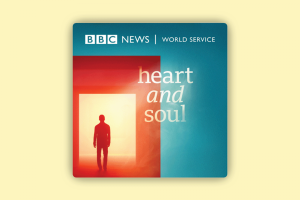 The image shows the cover of the BBC podcast "Heart and Soul" which shows a silhouette walking through a door 