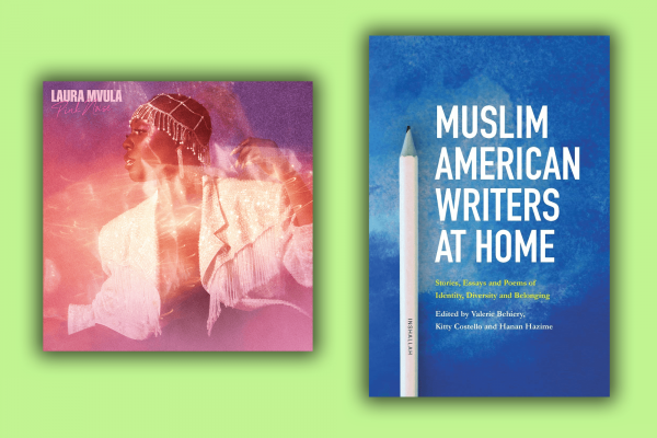 The cover of Laura Mvula's album is a photo of her dancing among stars and galaxies, and the cover of 'Muslim Writers At Home' is a blue background with a pen.