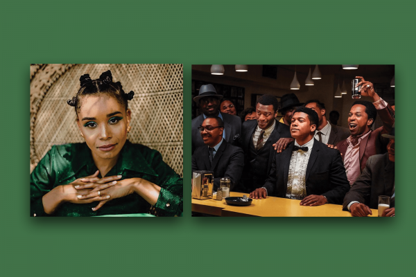 The left photo is of Christina Cleveland posing in a green dress with her hands folded. In the right photo, Black civil rights activists are gathered in a bar, a scene from the film 'One Night in Miami.'