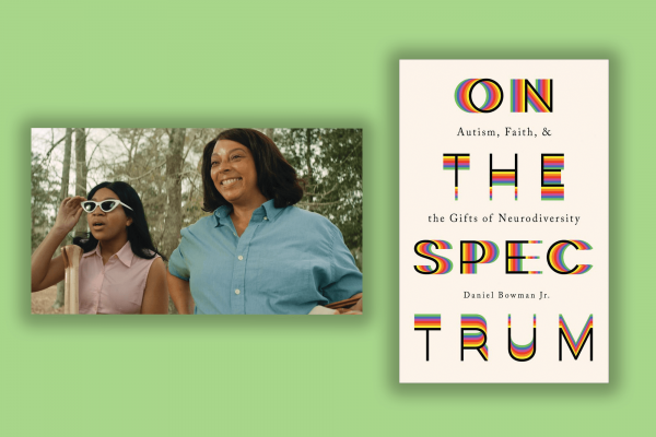 A scene from 'The Trees Remember' where a young Black girl is looking at nature with sunglasses and an older Black woman is standing with her smiling. The cover of 'On the Spectrum' has colorful letters on a white background.