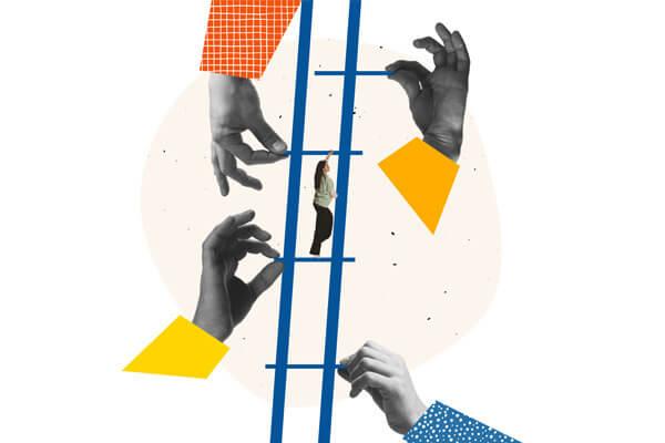 An illustration of a person climbing a ladder while giant hands add rungs to the ladder's frame.