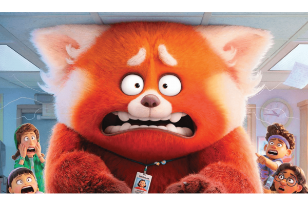 Illustration of a terrified, large red panda towering over surprised humans