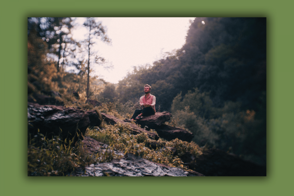 Parker Millsap sits on a rock in the forest.