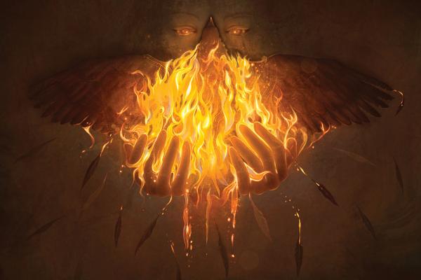 An illustration of a bird engulfed in flames with its wings spread out being held in human hands. A person's face is visible in the dark backdrop with glowing orange eyes, staring down at the bird poised over their cupped hands as feathers float downward.