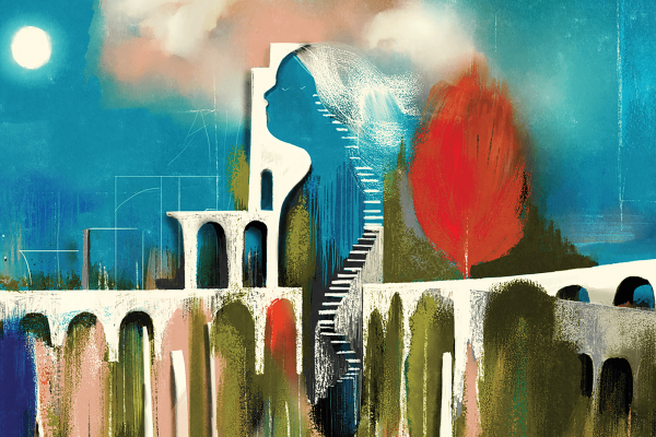 Graphic of an abstract figure of a woman with a staircase leading up to her mind.