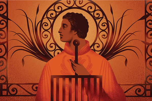 Illustration of a man looking to his side, surrounded by abstract swirls and plants all in an orange hue.