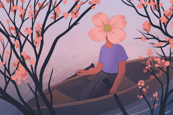 Illustration of a woman with a cherry blossom covering her face as she floats down a stream in a canoe.