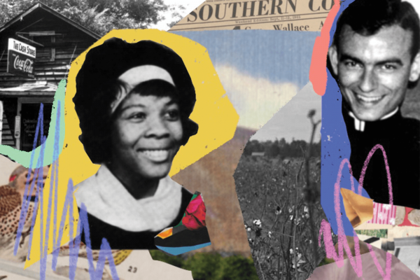 A photo collage that includes a portrait of Ruby Sales and Jonathan Daniels.