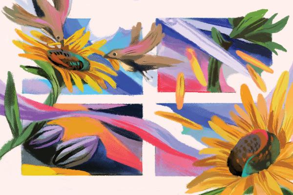 An illustration of four colorful rectangular panels. The top left has sunflowers with two birds flying over it. The top right shows a sunflower being cut by shears. The bottom left shows black seeds on the ground. The bottom-right shows a new sunflower.