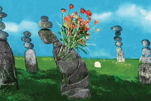 The illustration shows five stacks of rocks in a grassy field with a blue sky. Coming out of one of the stacks is a bouquet of red flowers 