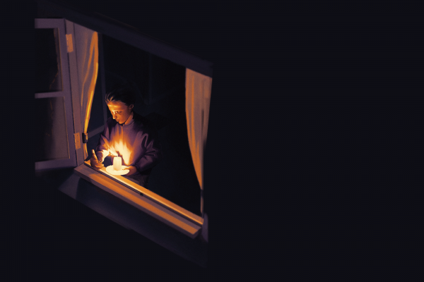 The illustration shows a woman holding a candle, looking out of a window