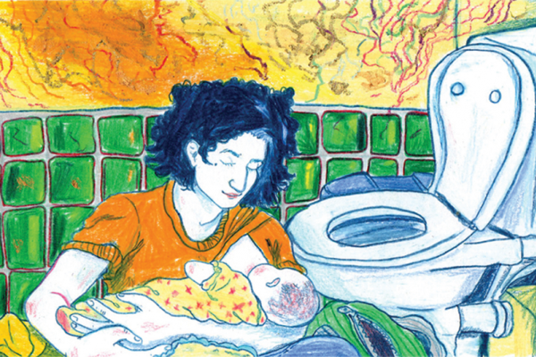 An illustration of a mother sitting down in a bathroom breastfeeding her infant. She leans against a wall with green tiles on the bottom section and swirls of orange paint on the top third of the wall.