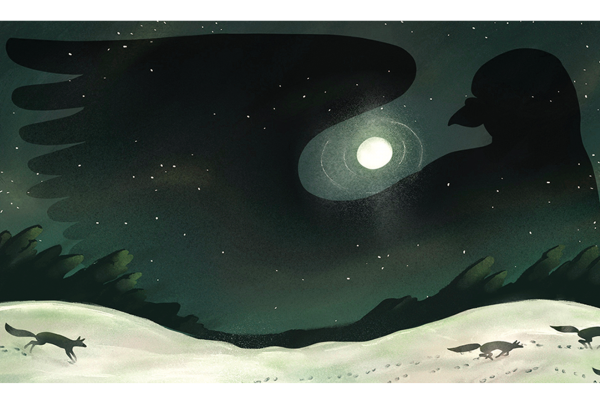 Illustration of the silhouette of a bird in the night sky with its wing surrounding the moon