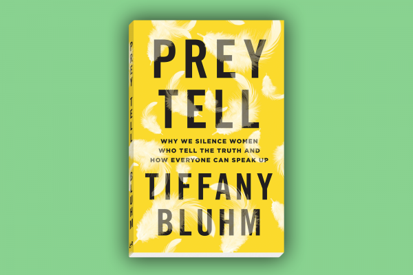 The cover of 'Prey Tell' by Tiffany Bluhm. It has a yellow background with white feathers.