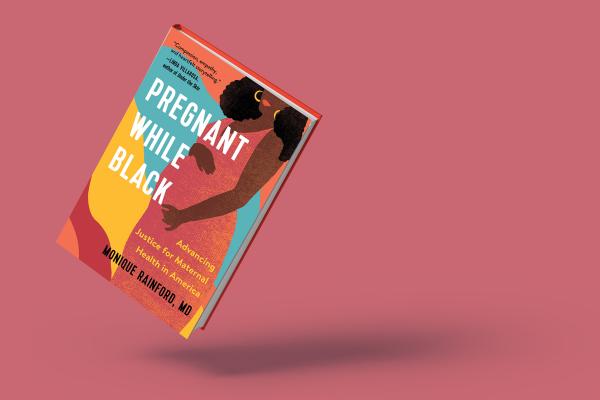 The book 'Pregnant While Black' features a black pregnant woman dressed in a red dress while holding her stomach. The cover's backdrop has waves of cyan, yellow, orange, and red. The book hovers at an angle, casting a shadow against a pink-red backdrop.