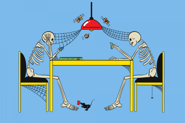 The illustration shows two skeletons sitting at a yellow table working on a puzzle, with cobwebs, flies and mice all over the scene. 