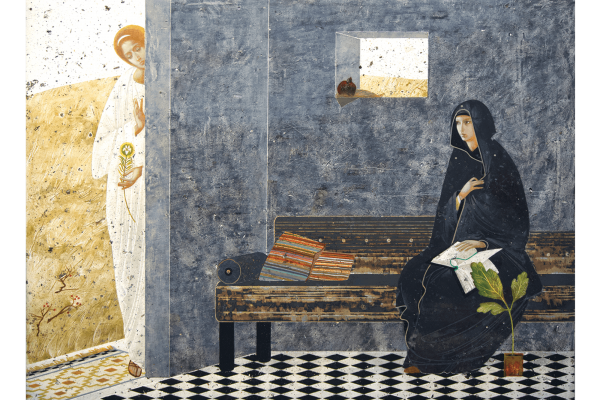 A canvas painting capturing the scene when Mary learns that she will conceive a son. In this painting, the angel is a woman and she holds a gold-rimmed flower in her hand as she waits by Mary's door.  