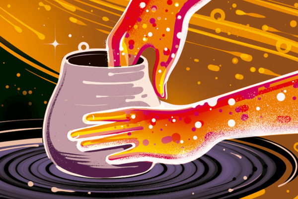 An illustration of two hands shaping clay into a pot. 
