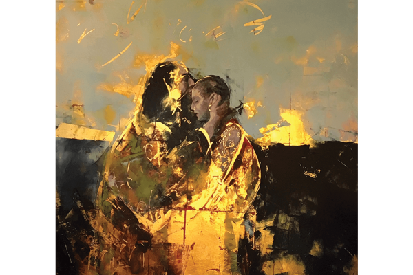 An illustration of the prodigal son being embraced by his father both enveloped in luminous flames. 