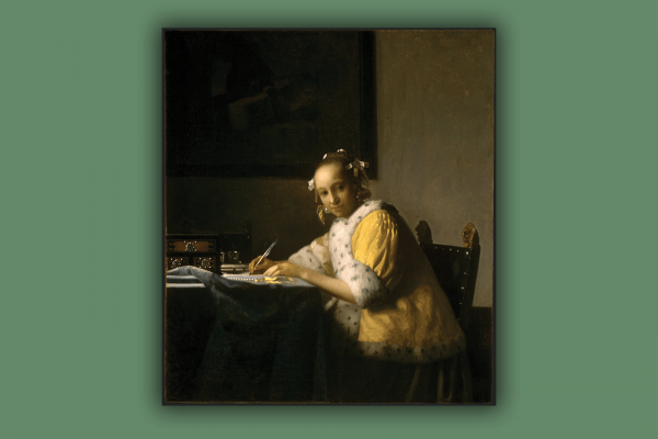 Vermeer's "A Lady Writing" depicts a woman sitting at a desk in a yellow robe writing.