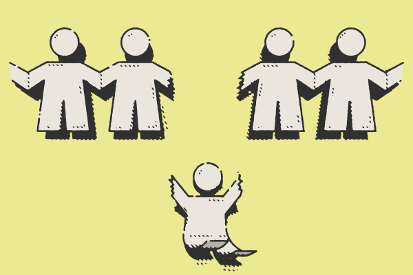 Paper cut outs of people hold hands, but one in the middle is ripped apart from the others and is falling.
