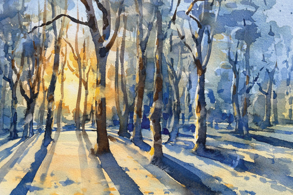 The image is a watercolor painting of a barren forest with a layer of snow and a setting sun shining through the trees. 