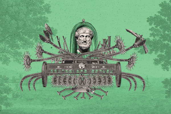 An illustration of an Aristotle bust among a machine used for deforestation.