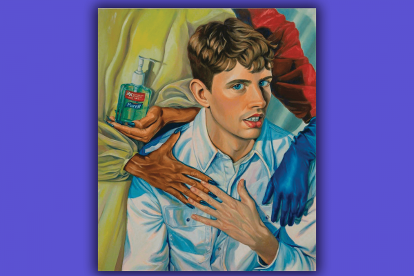 In this Chloe Wise painting, a man is hugging and touching the hand of a person with sterility gloves and purrell hand sanitizer..