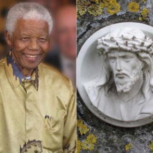 Mandela photo, left, courtesy www.sagoodnews.co.za, Jesus statue, right, court. Onderwijsgek. Both via Wikimedia Commons/RNS