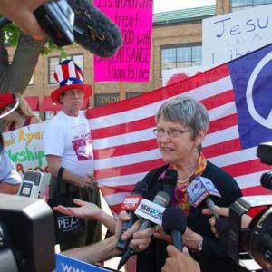 Sr. Simone Campbell talks to the press after meeting with a representative of Re