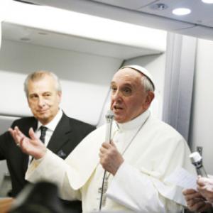 Pope Francis answers journalist questions after the World Youth Gathering. Photo by Paul Haring/Catholic News Service Photo by Paul Haring/Catholic News Service