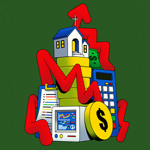 cartoon of chapel standing atop coins and financial charts