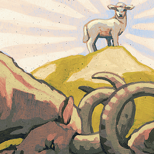 illustration of shining lamb standing on hilltop as rams butt horns below