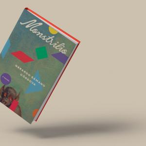 The book ‘Monstrilio’ is at an angle hovering in the air. Various shapes of different colors are spread across a gray-green background on the cover. A small brown creature with round red eyes and pointy ears is visible in the lower center of the cover.
