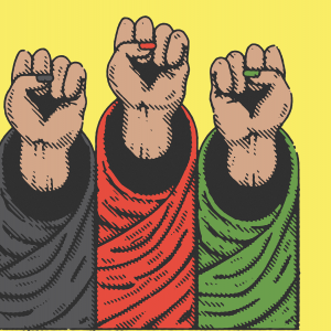 Illustration of three raised fists emerging from shirt sleeves in the colors of the flag of Afghanistan