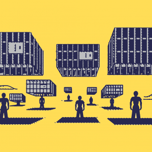 Illustration of cages floating in the air casting shadows on human figures