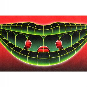 An illustration of a smiling mouth with green lips against a red backdrop. Vertical prison bars are visible in place of teeth. A red man holds onto two bars with both hands from within..