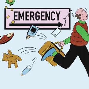 The illustration shows a man running towards the emergency room with miscellaneous items flying out of his bag. 