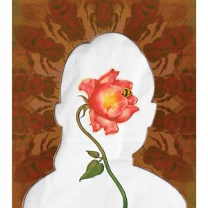 A white silhouette of a person's head with a brown backdrop and large bees surrounding the head like a halo. A bright pink rose with a bee pollinating it is inside the silhouette. 