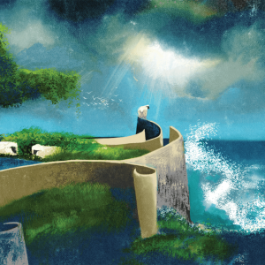 An illustration of sheep in a paradise, overlooking an ocean.
