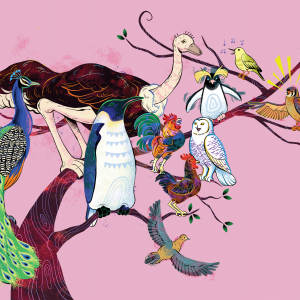 The illustration is of a variety of birds on a branch. There is a peacock, a penguin, an emu, a chicken and rooster, an owl, a hawk, a sparrow, and one of those penguins with fluffy yellow hair