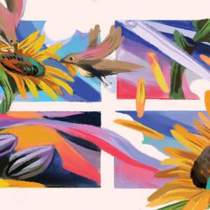 An illustration of four colorful rectangular panels. The top left has sunflowers with two birds flying over it. The top right shows a sunflower being cut by shears. The bottom left shows black seeds on the ground. The bottom-right shows a new sunflower.