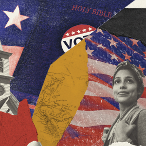 The image is a collage of a red, white, blue, gray and white scraps of paper depicting Latino Americans, churches, and American symbols. 