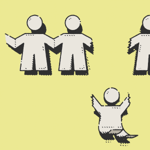 Paper cut outs of people hold hands, but one in the middle is ripped apart from the others and is falling.