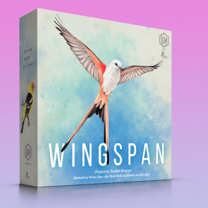 The box of the board game Wingspan has a white bird with outstretched wings on it.