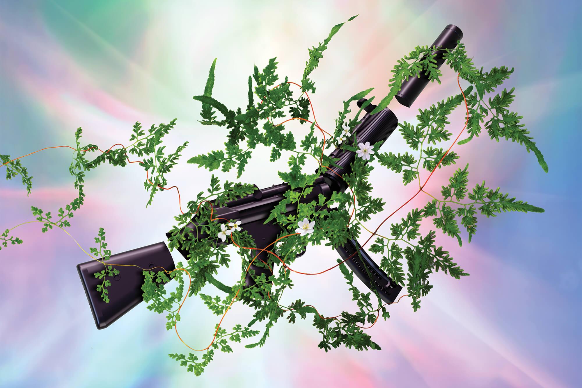 Illustration by Danielle Del Plato. An MP5 submachine gun is shown being taken apart by and entangled in plant stems with green leaves.