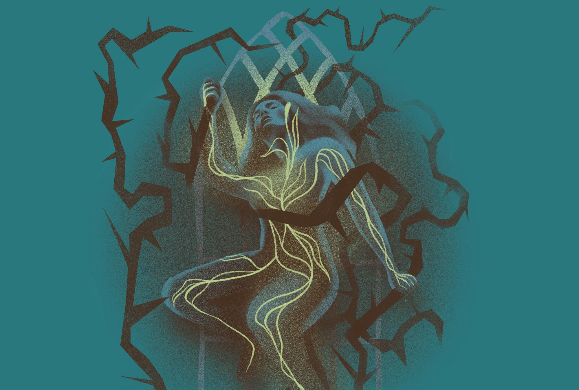 An illustration of a blue woman hovering in the air with an abstract drawing of her nervous system glowing a translucent yellow-green through her skin. She is superimposed over an abstract drawing of a stain glass window with black thorns surrounding her.