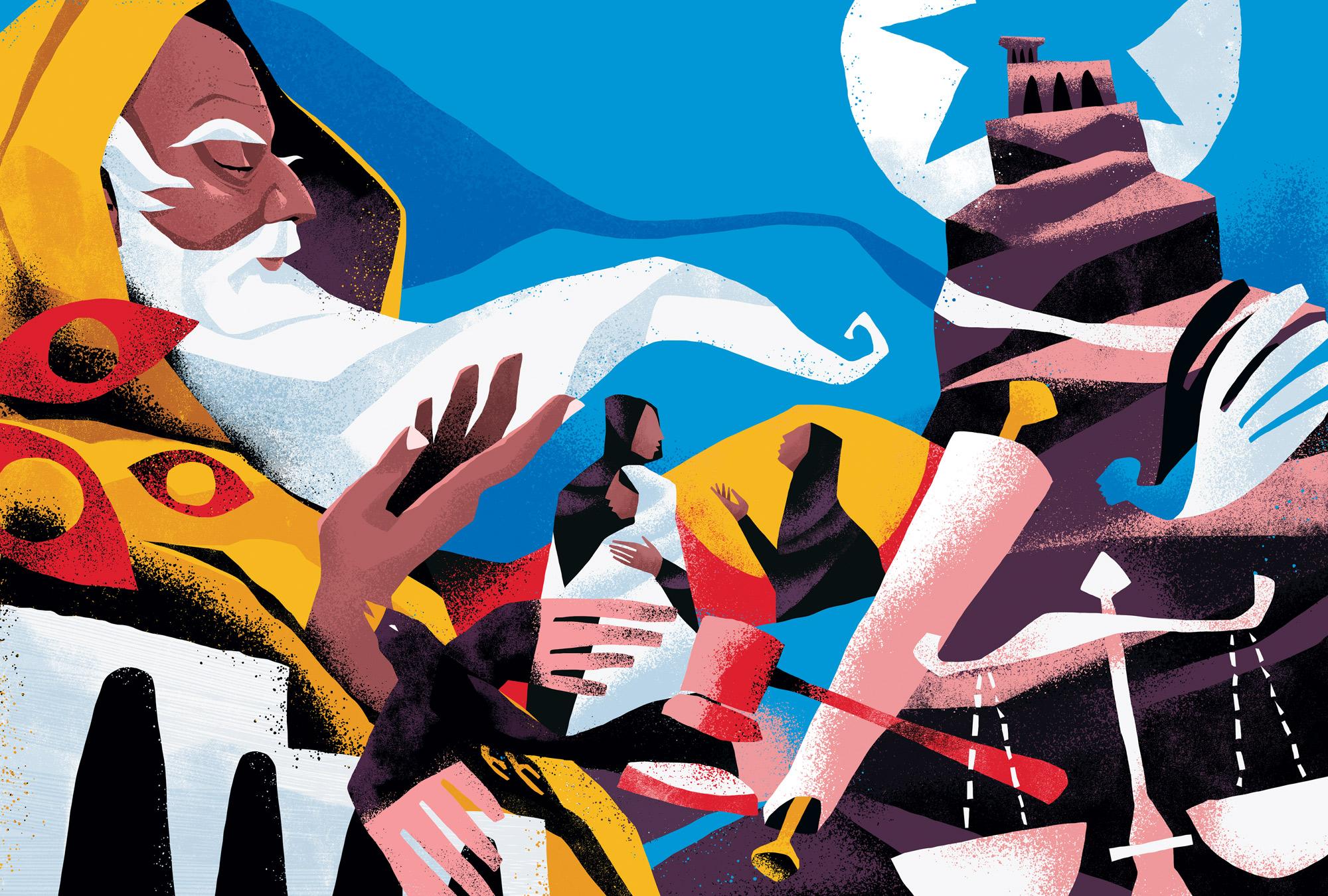 Illustration by Thiago Límon A vibrant illustration. On the left, Zechariah is portrayed with brown skin, a white beard, and yellow robes. The center shows hands reaching up. Among them, there's a scroll, bird, and three women hugging. To the right, there's a city on a tall mountain.